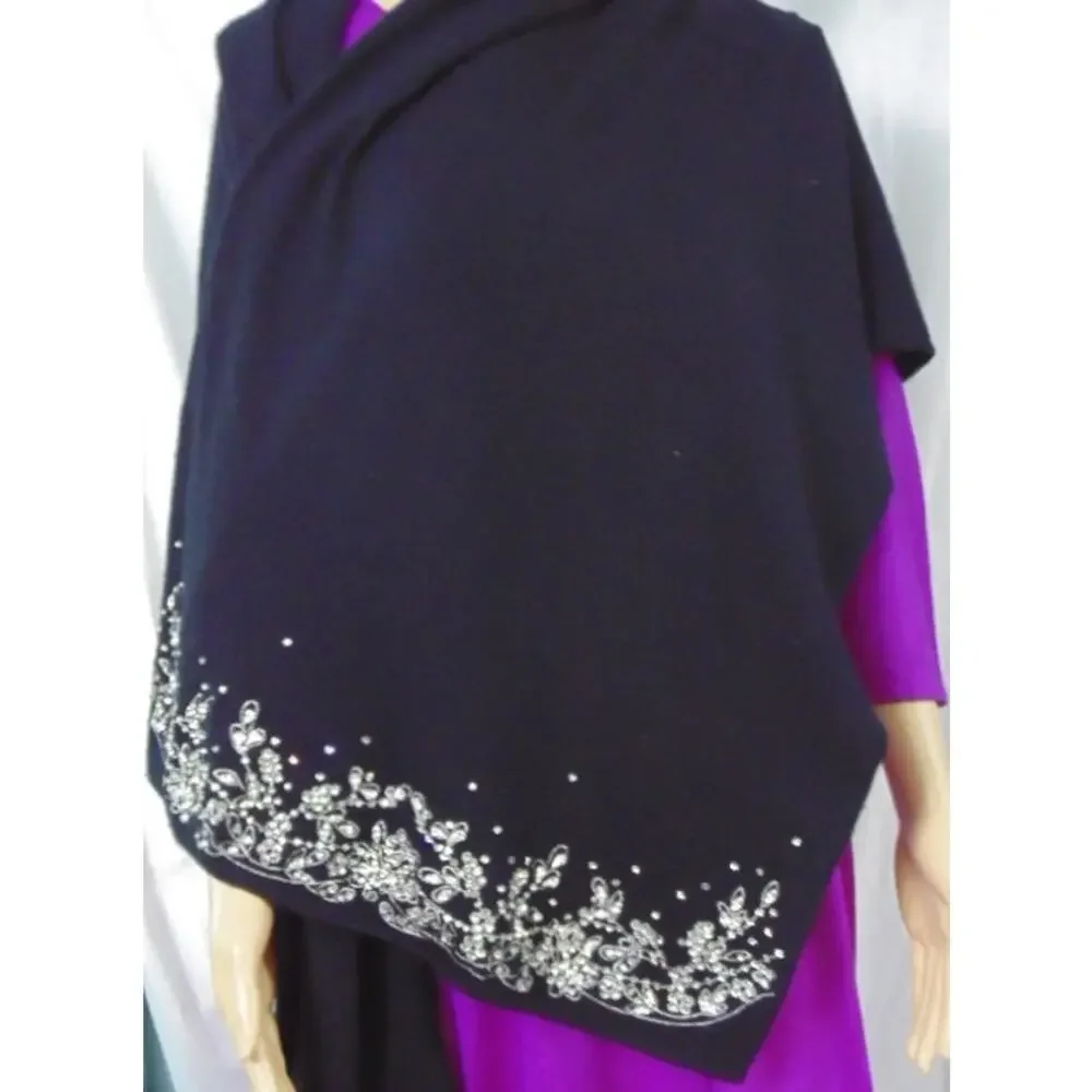 Vtg Old Hollywood Glam Black Cashmere SHAWL RHINESTONE Embellished Luxury Wrap